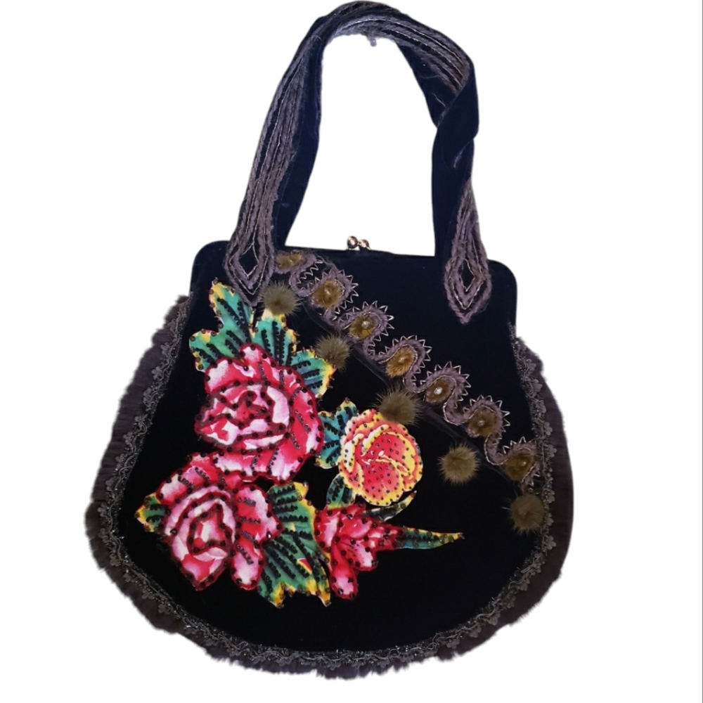 Vintage Black Velvet and Fur Floral Handbag